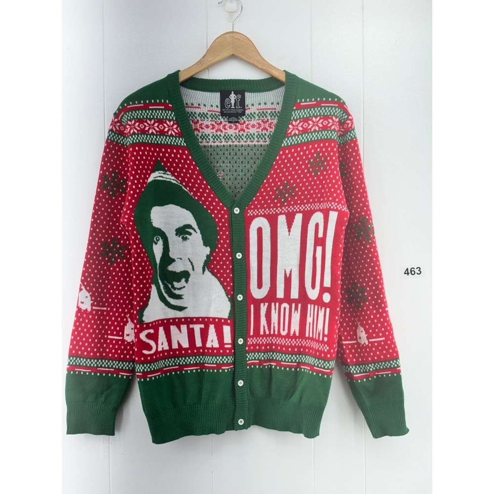 Elf Movie Buddy the Elf OMG I Know Him Christmas Cardigan Sweater Mens Medium